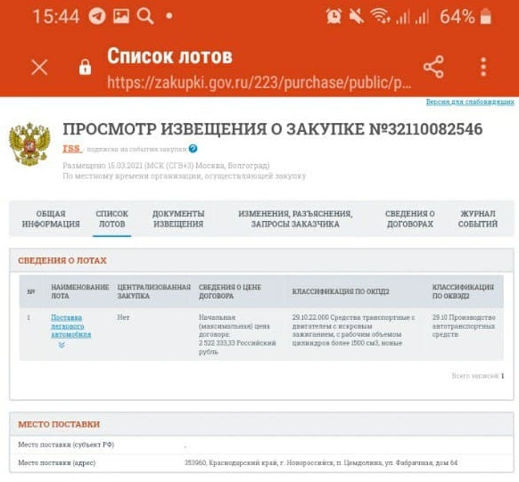 Новороссийский «Водоканал» покупает перламутровую иномарку за 2,5 миллиона рублей