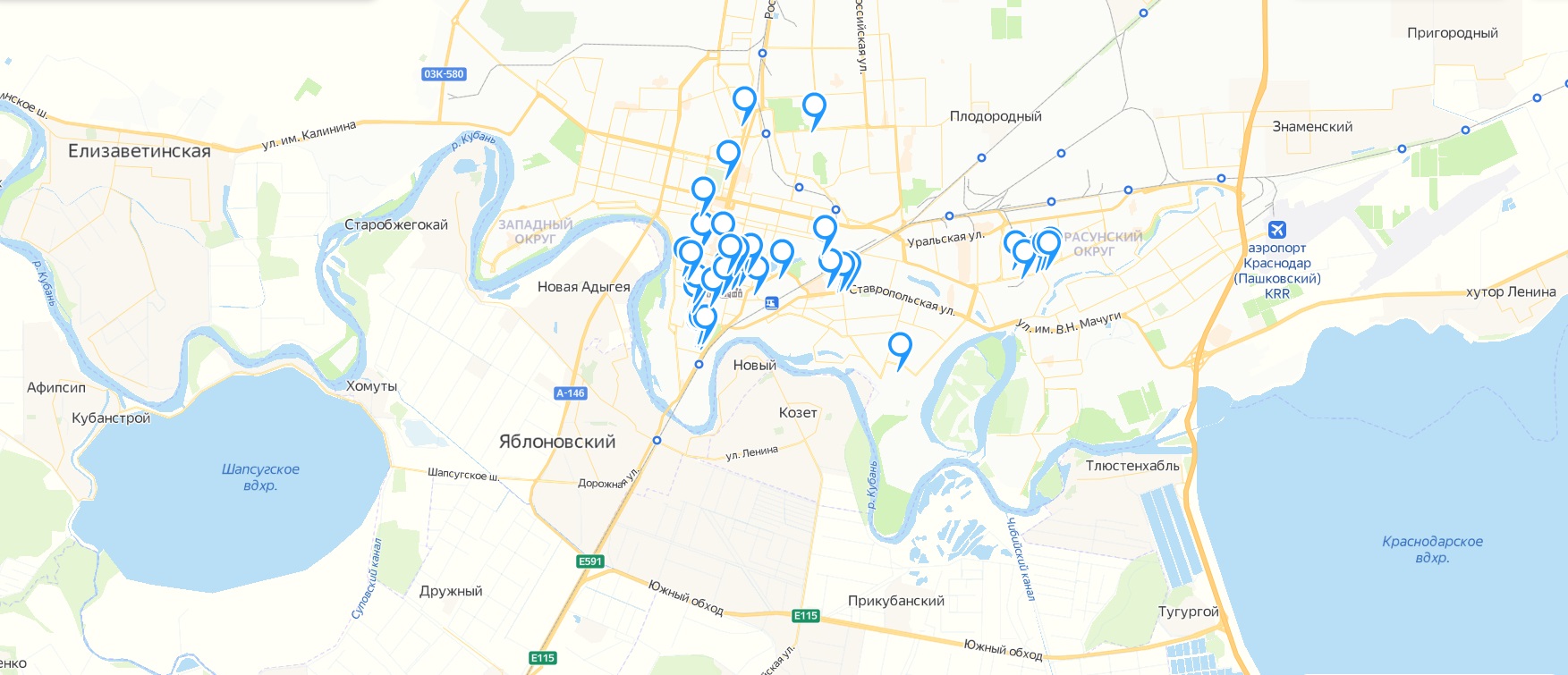 Подробная карта Краснодара с достопримечательностями